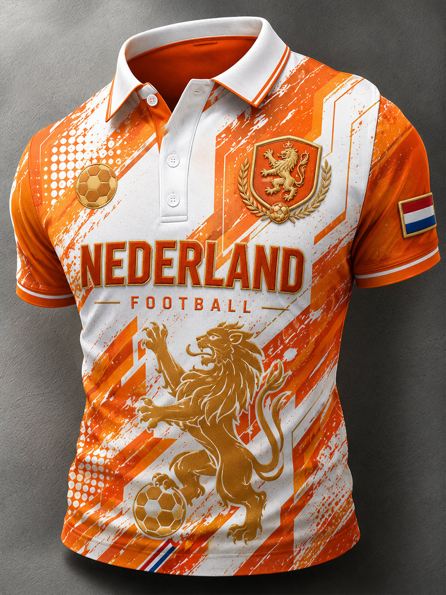 Herenpoloshirt met korte mouwen en print van een leeuw en een voetbal