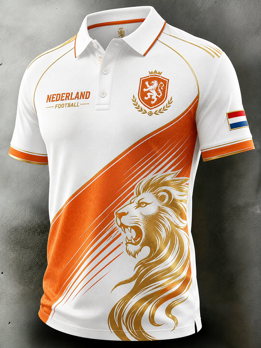 Herenpoloshirt met korte mouwen en print van een leeuw en een voetbal