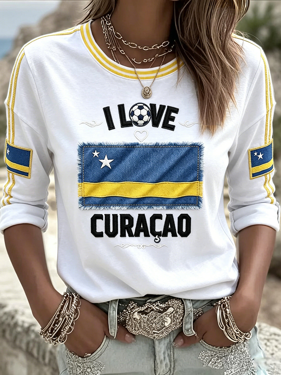 Vrouwen Wit Curaçao Voetbal 3D Gedrukt Casual T-shirt met lange mouwen