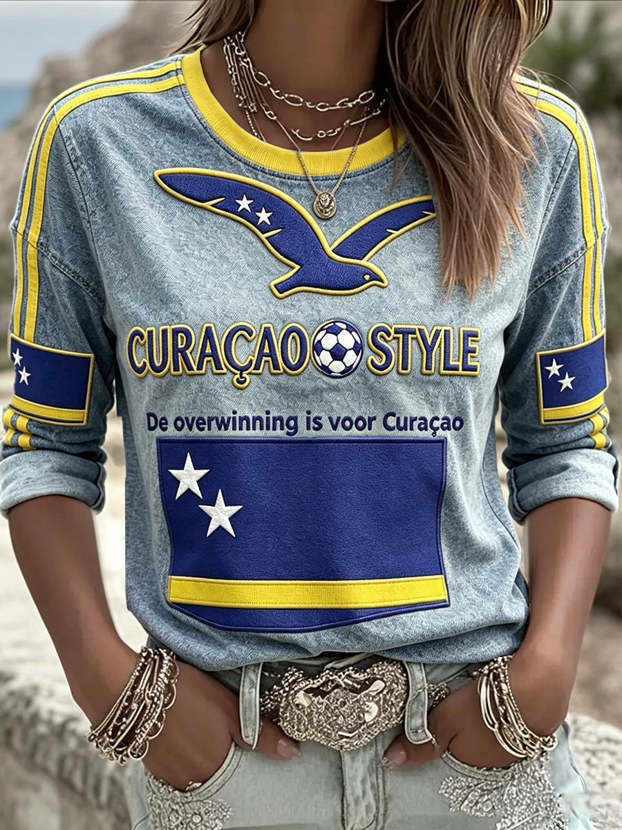 Curaçao Football Western-Style Print Casual T-shirt met lange mouwen