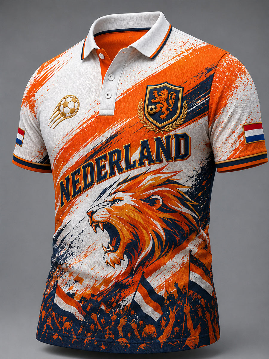 Herenpoloshirt met leeuwenvoetbalkunstprint en korte mouwen