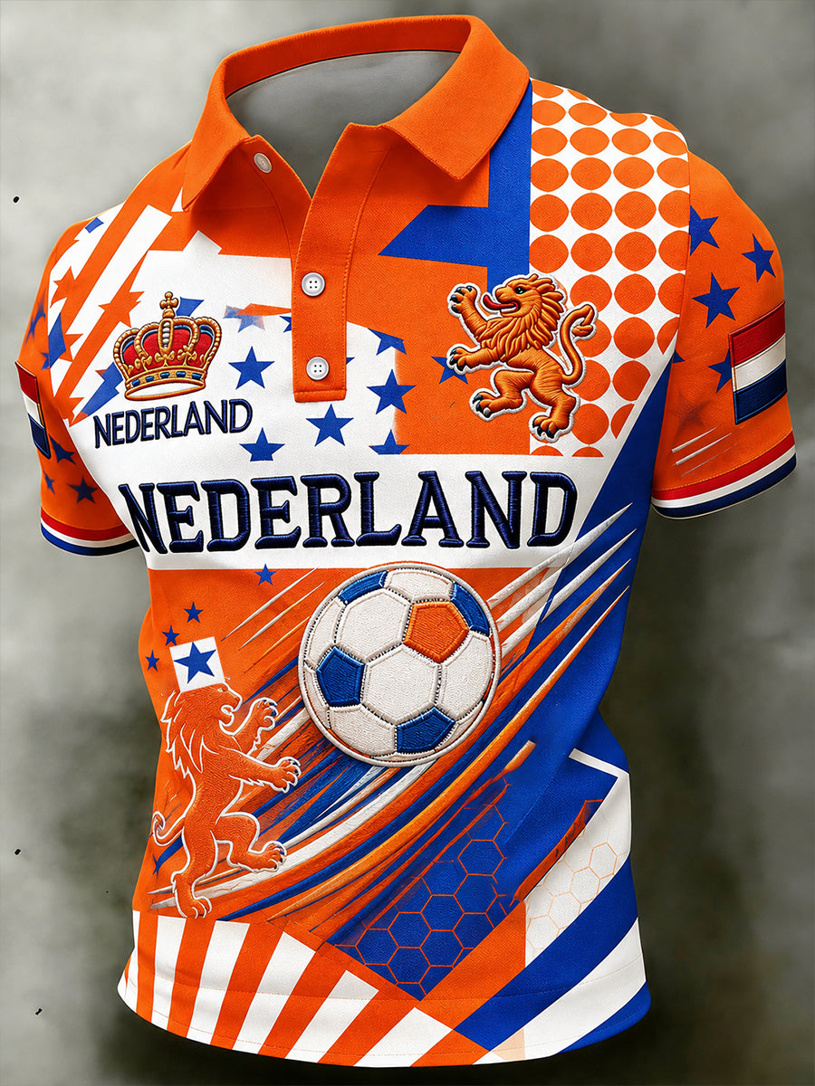 Herenpoloshirt met leeuwenvoetbalkunstprint en korte mouwen