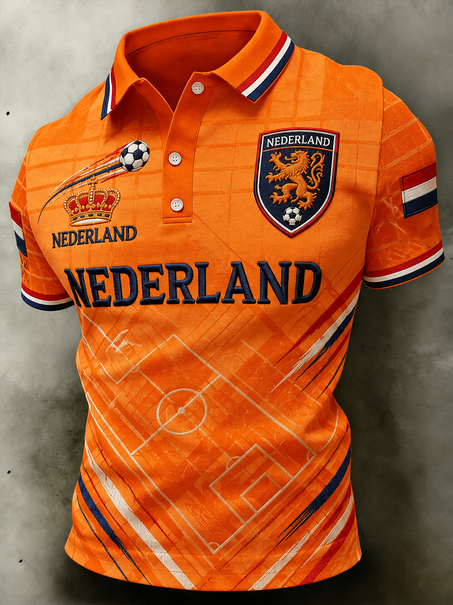 Herenpoloshirt met leeuwenvoetbalkunstprint en korte mouwen