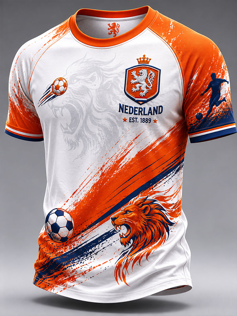 Heren T-shirt met leeuwenvoetbalkunstprint en raglanmouwen