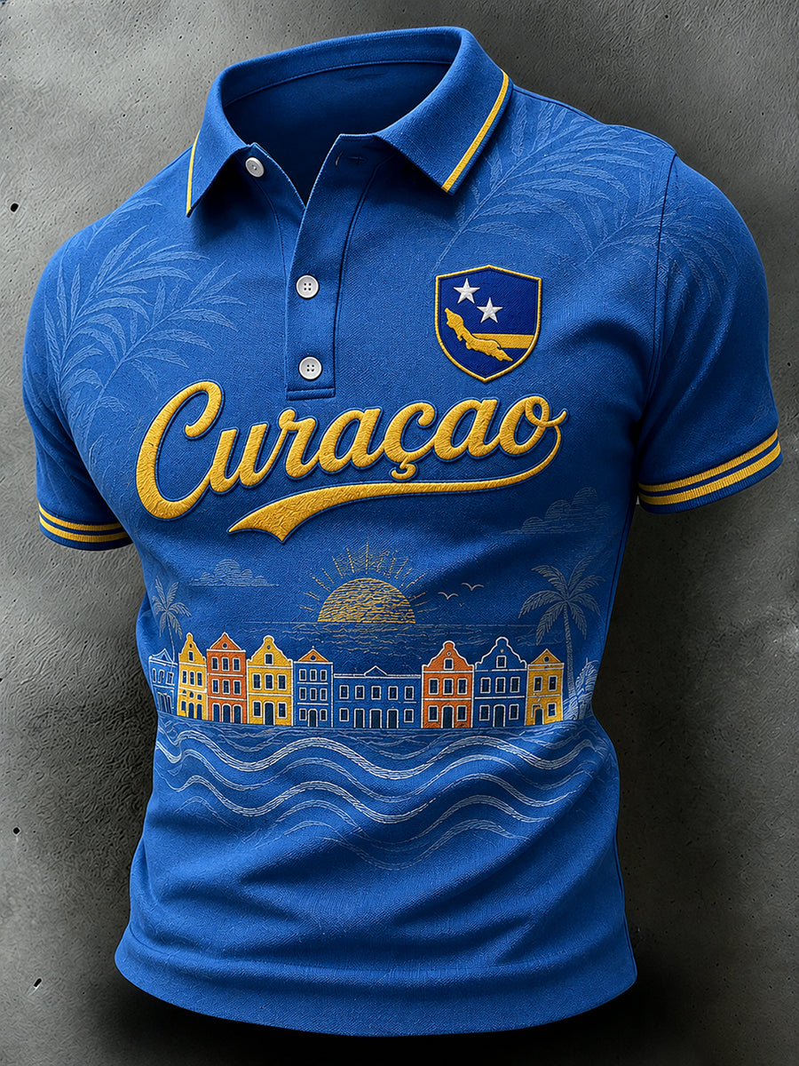 Herenpoloshirt met korte mouwen en vakantieprint van eilanden