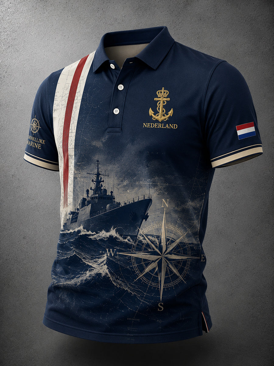 Herenpoloshirt met korte mouwen en retro marineprint