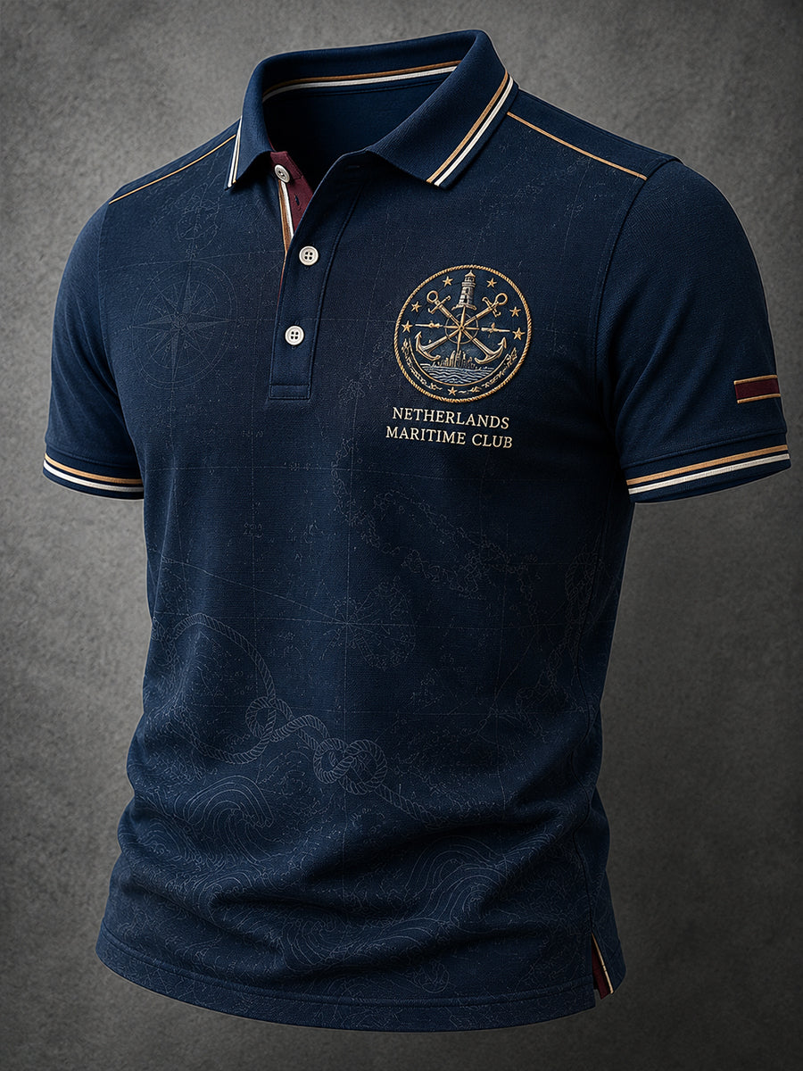 Herenpoloshirt met korte mouwen en retro marineprint