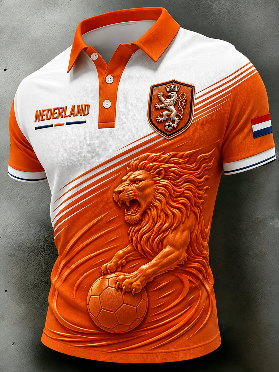 Herenpoloshirt met korte mouwen en leeuwenprint in contrasterende kleuren