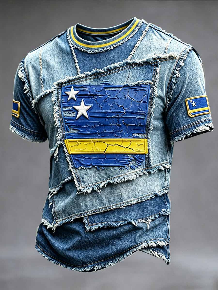 Curaçao Vlag voor heren-print denim-stijl patchwork casual T-shirt