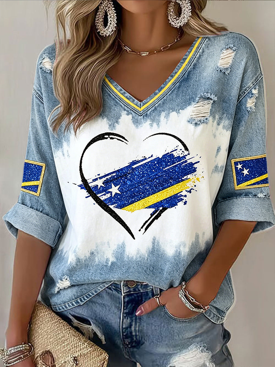 Curaçao dames vlag met hart-patroon gradiëntprint casual V-hals T-shirt