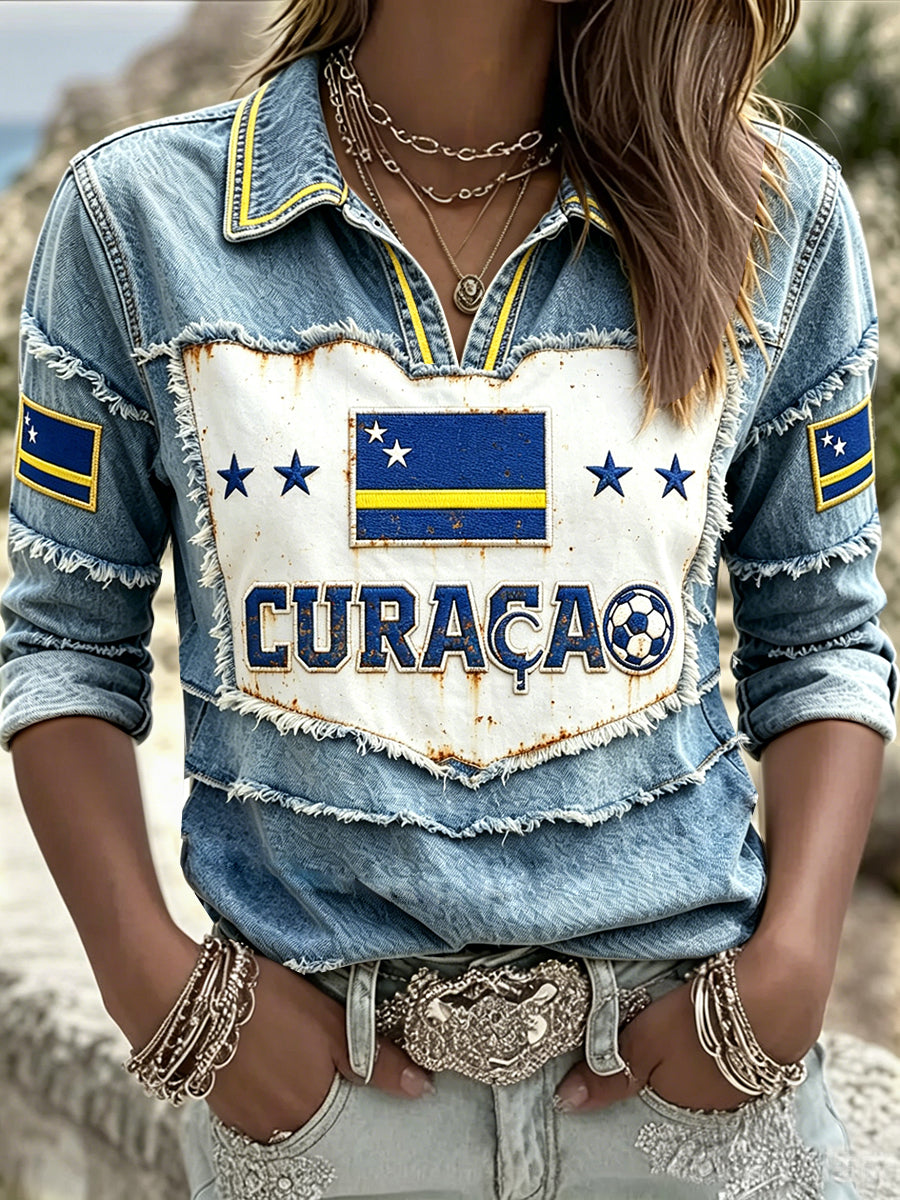 Dames Curaçao Vlag Voetbal-Stijl Denim Print Casual Polo T-shirt