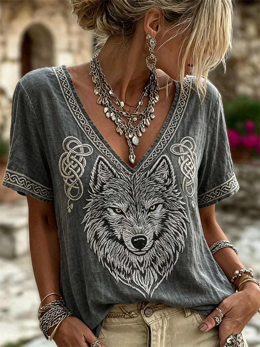 Dames Viking Wolf Fenrir Keltische knoopprint linnen T-shirt