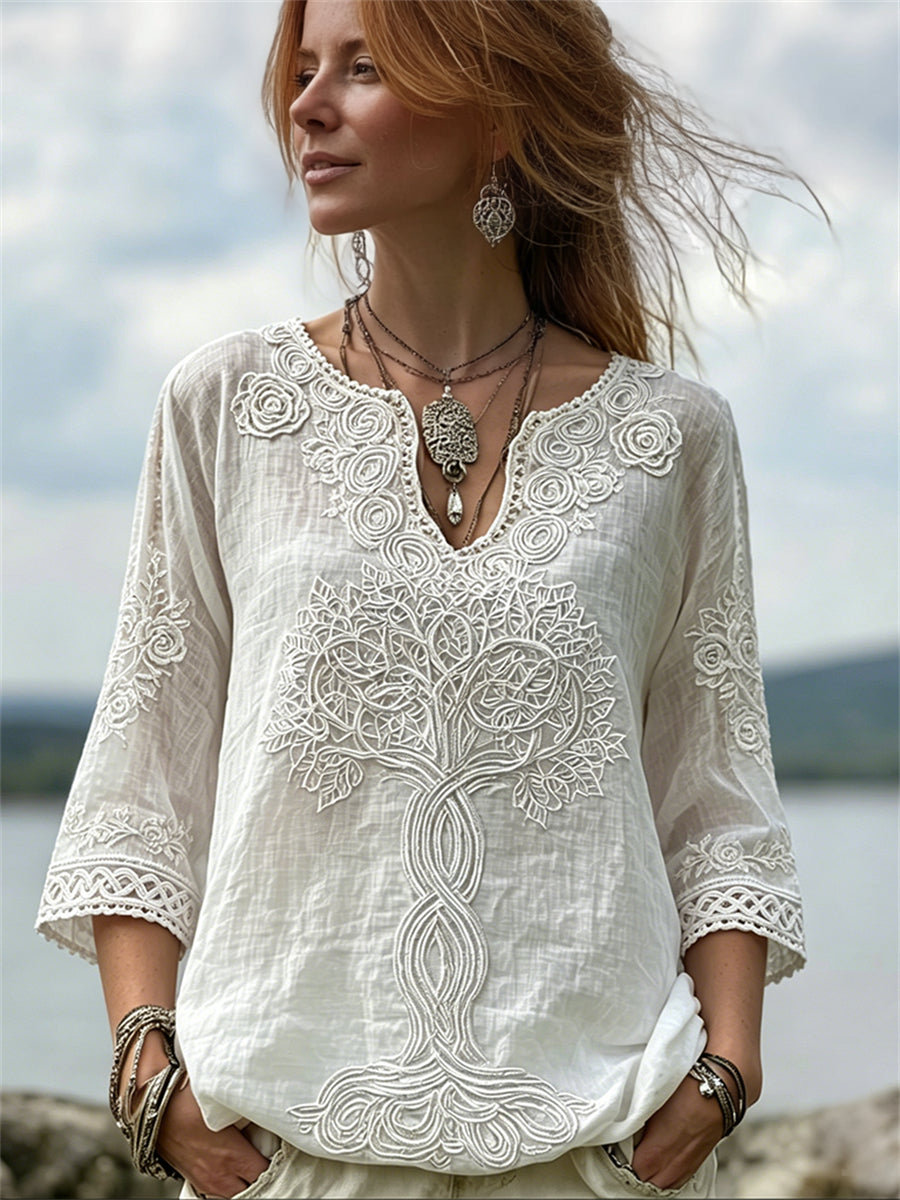 Dames Stijlvolle Viking Levensboom Witte Rozen Print Katoen-Linnen Overhemd