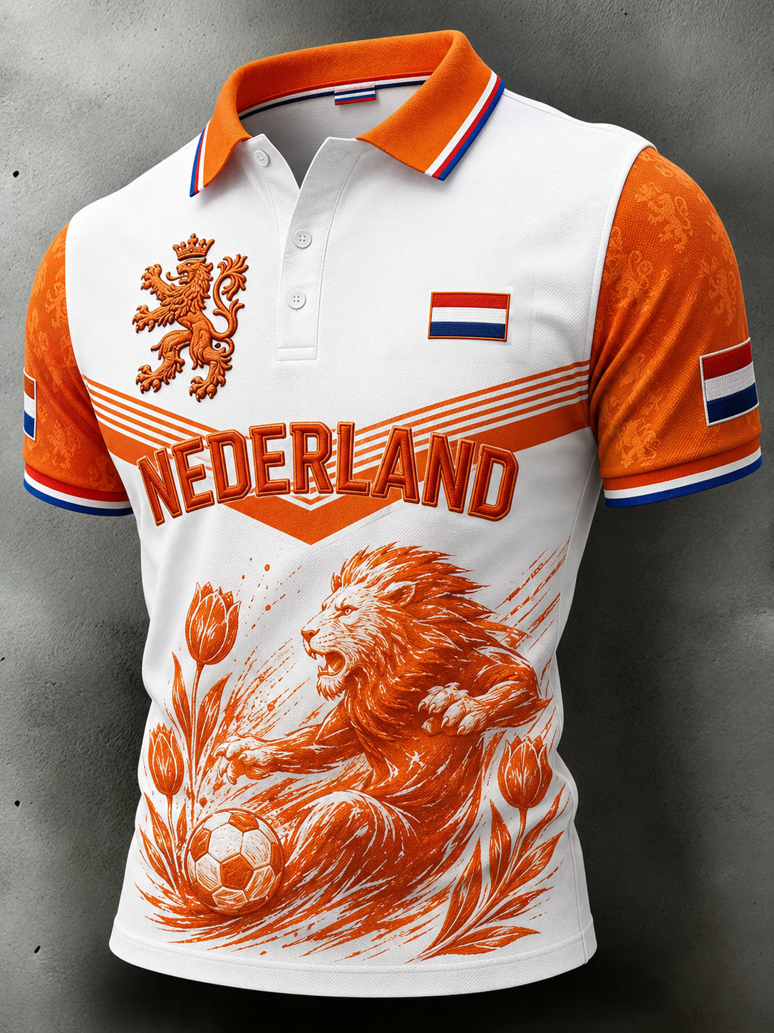 Herenpoloshirt met korte mouwen en print van een leeuw en een voetbal
