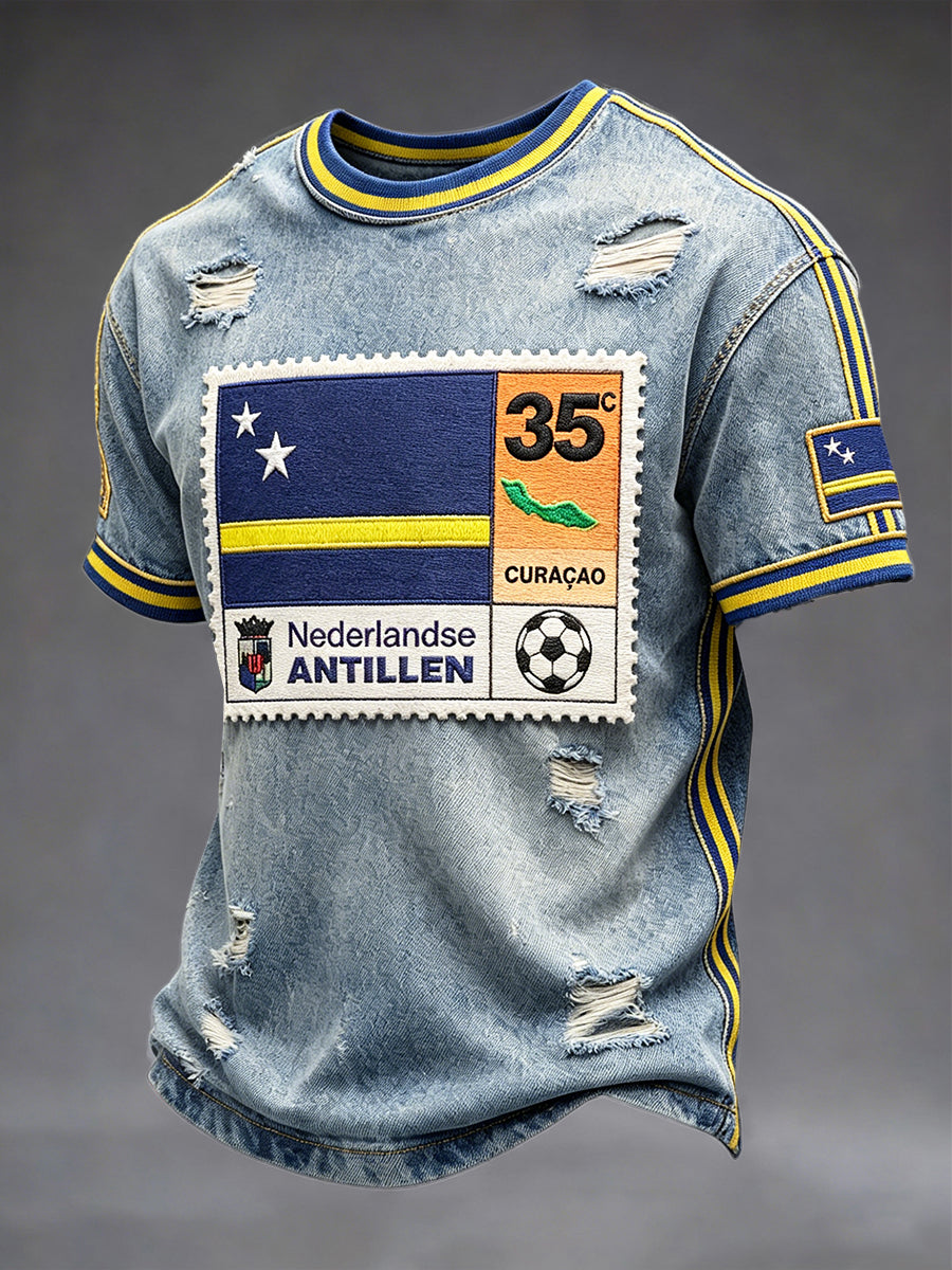 Curaçao vintage denim stijl patchwork print casual T-shirt