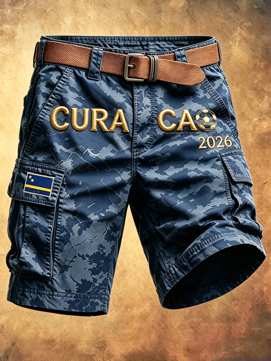 Herenblauwe camouflage Curaçao voetbalprint casual werkshorts