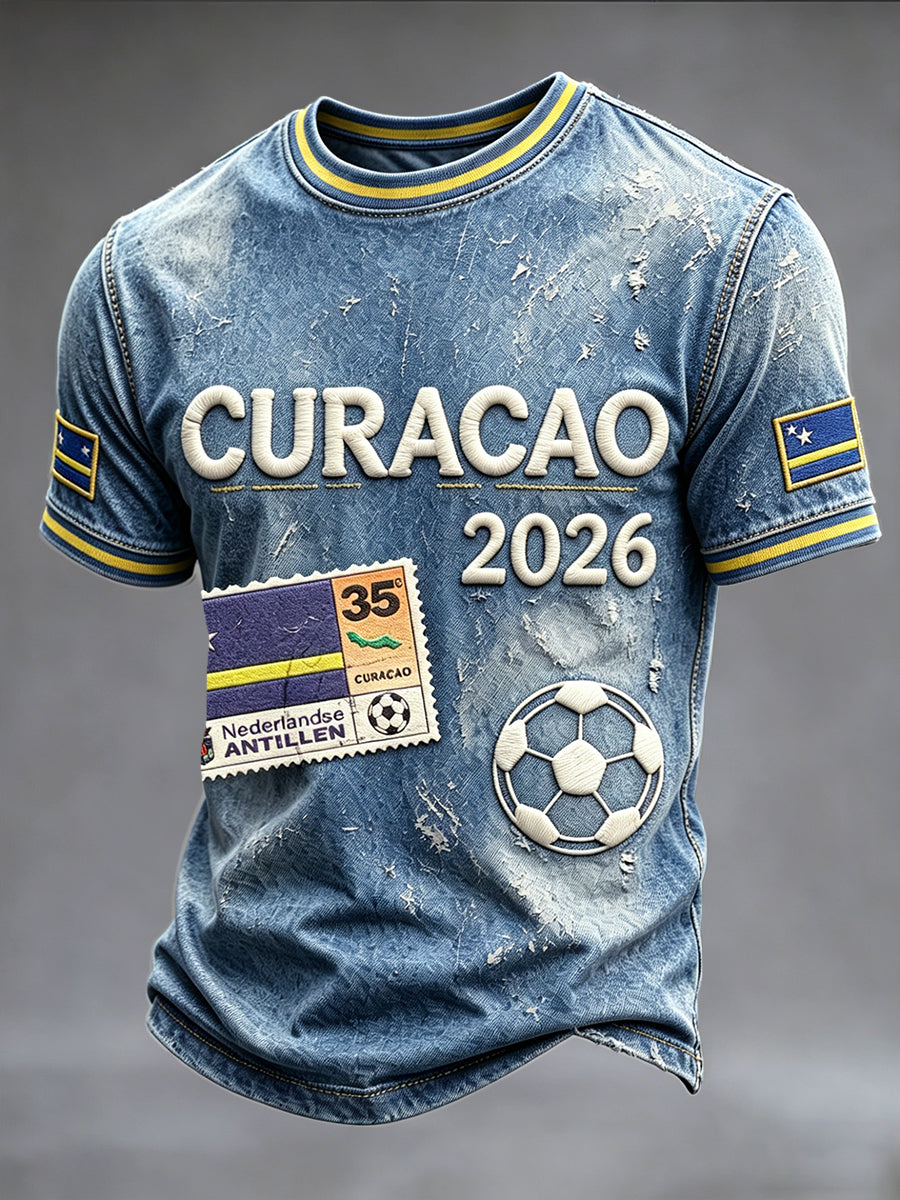 Blauw 2026 Curaçao Op voetbal geïnspireerde denimprint casual T-shirt voor heren