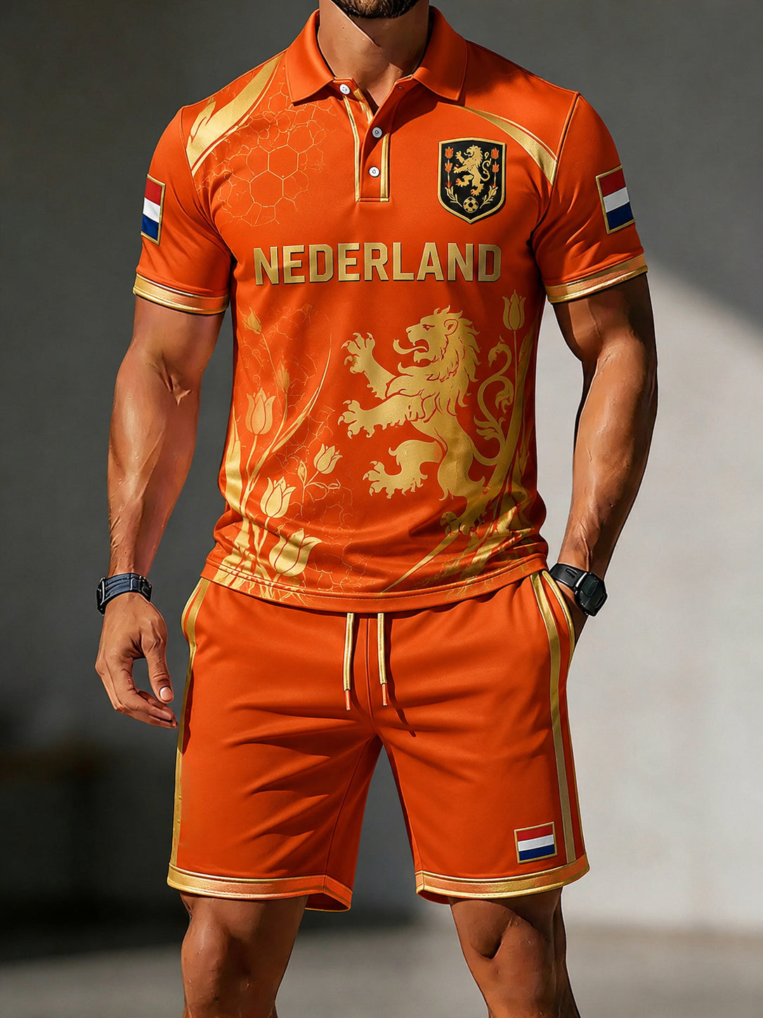 Herenpoloshirtenset met korte mouwen en leeuwenprint voor voetbal
