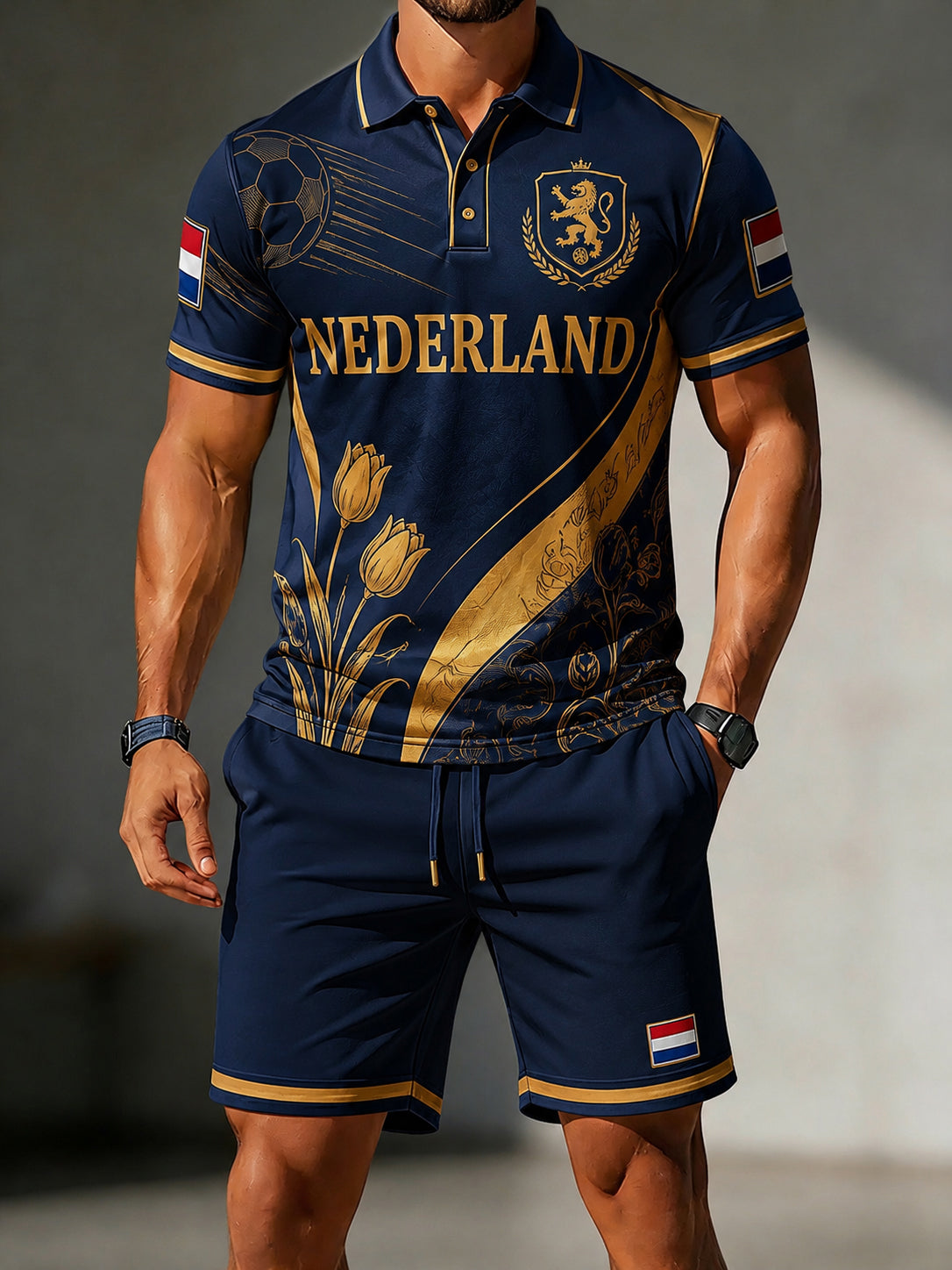 Herenpoloshirtenset met korte mouwen en leeuwenprint voor voetbal