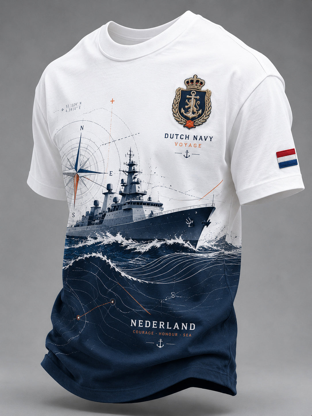 Heren-T-shirt met marineblauw motief en ronde hals