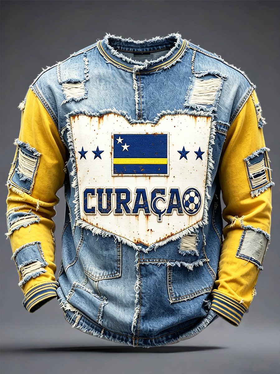 Curaçao vintage denim patchwork print casual T-shirt met lange mouwen