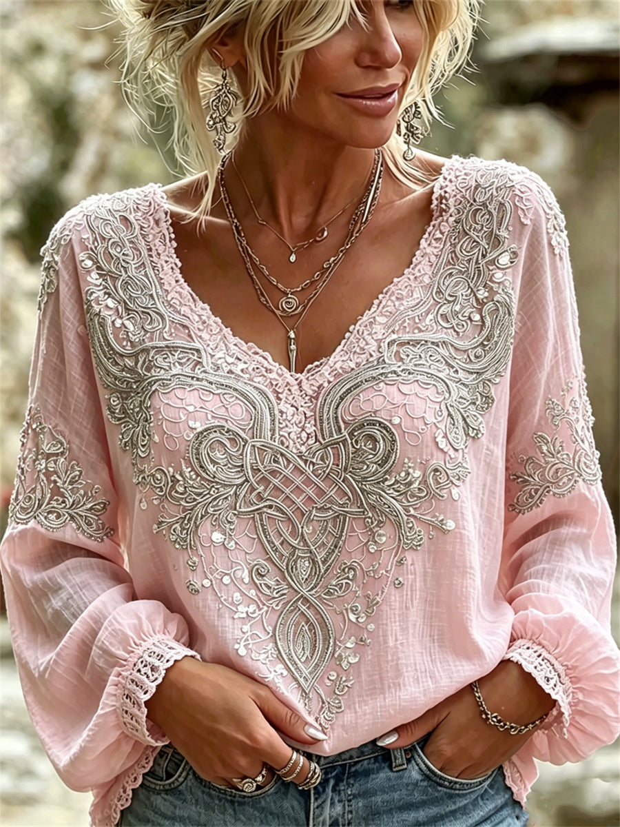 Damesstijlvolle vikingse katoenen-linnen blouse met Keltisch knoopmotief en bloemenkantprint