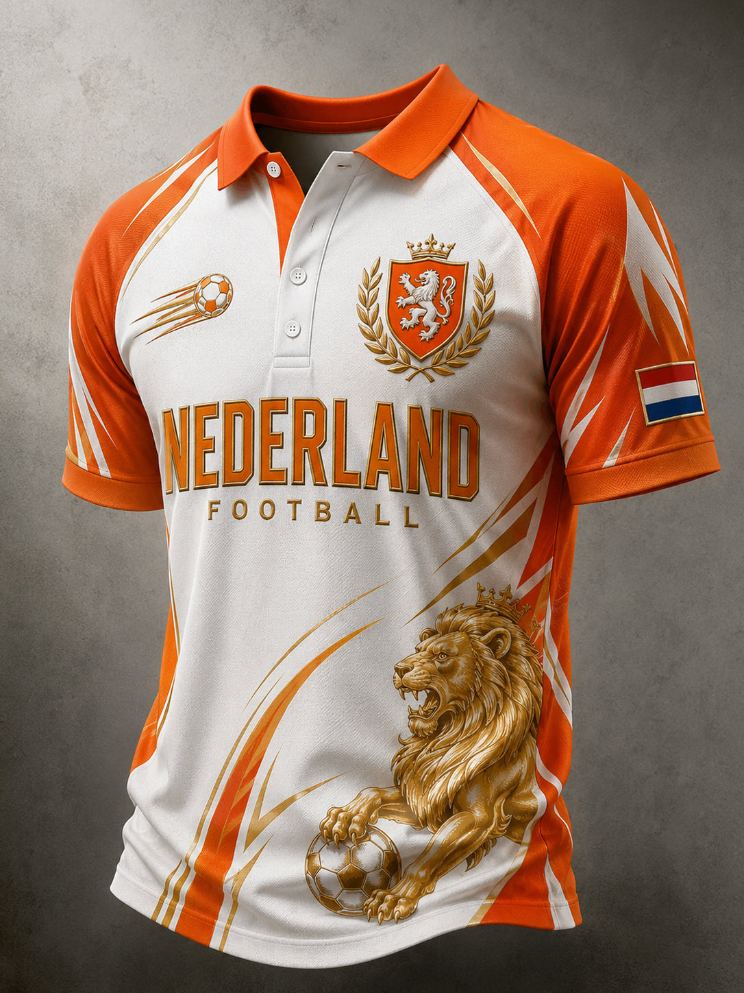 Herenpoloshirt met korte mouwen en print van een leeuw en een voetbal