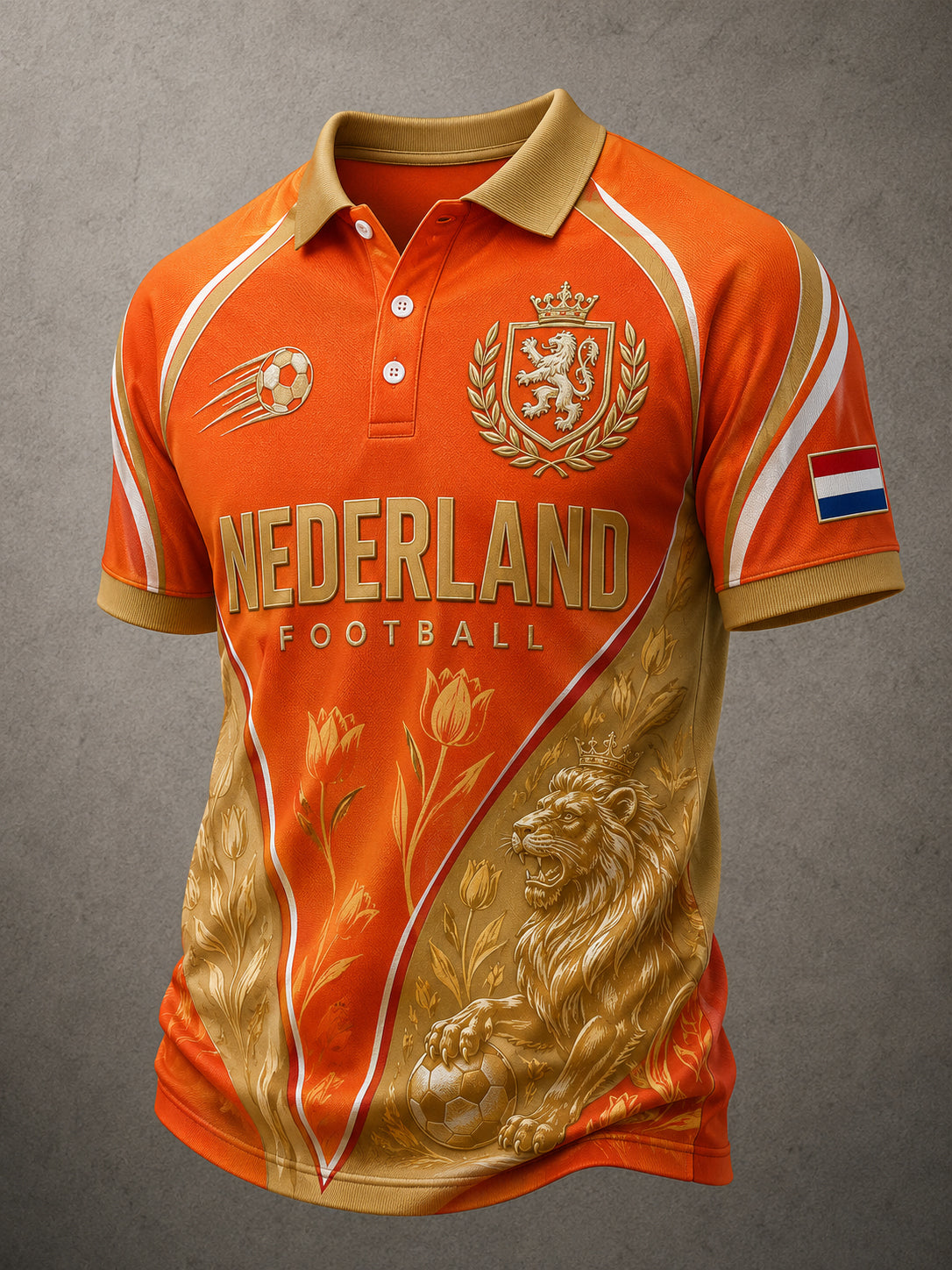 Heren tulp leeuw en voetbal print poloshirt met korte mouwen