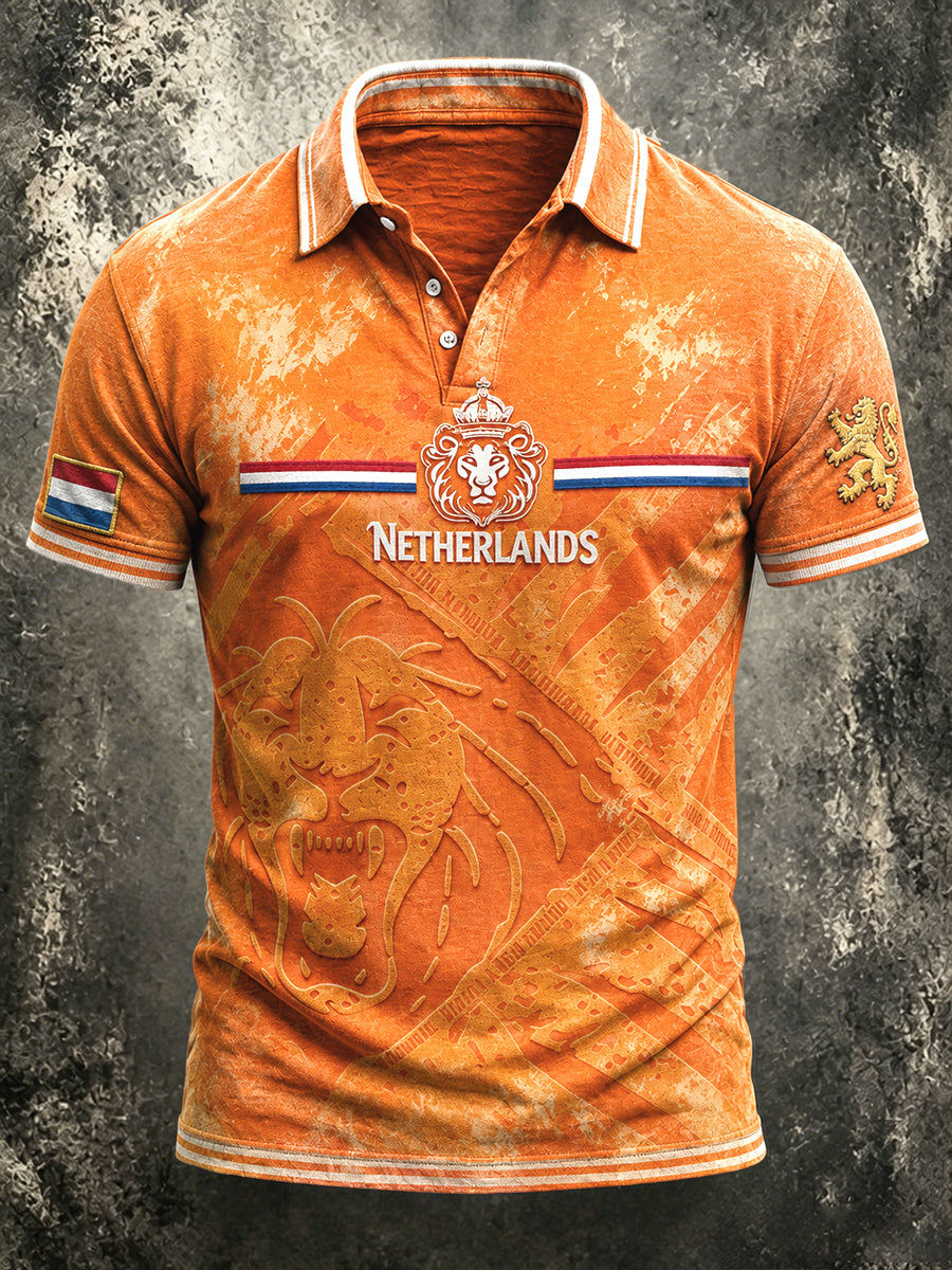 Heren Oranje Nederlands-Print Casual Poloshirt