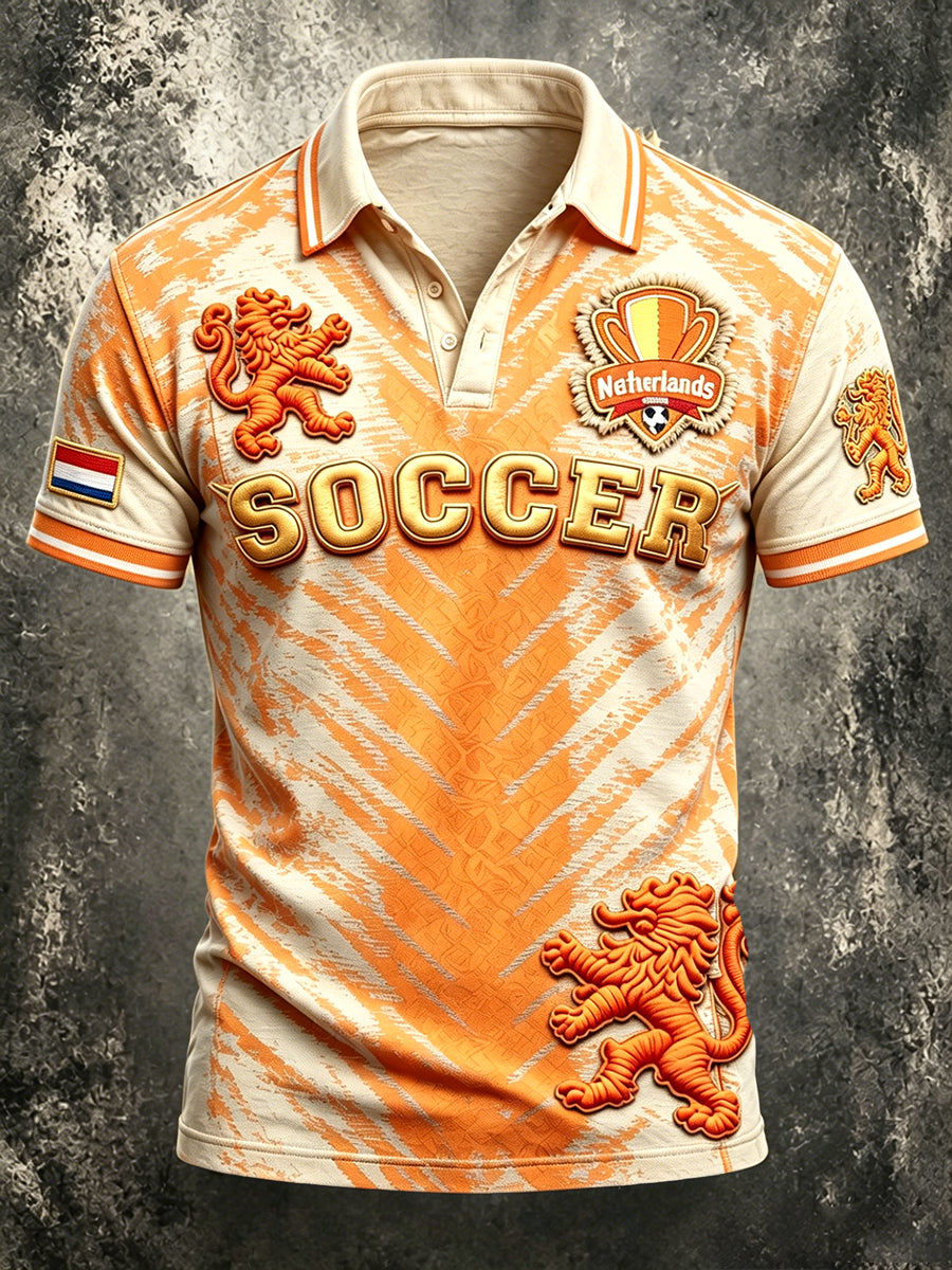 Heren Oranje Gradiënt Nederlands Voetbalprint Casual Poloshirt