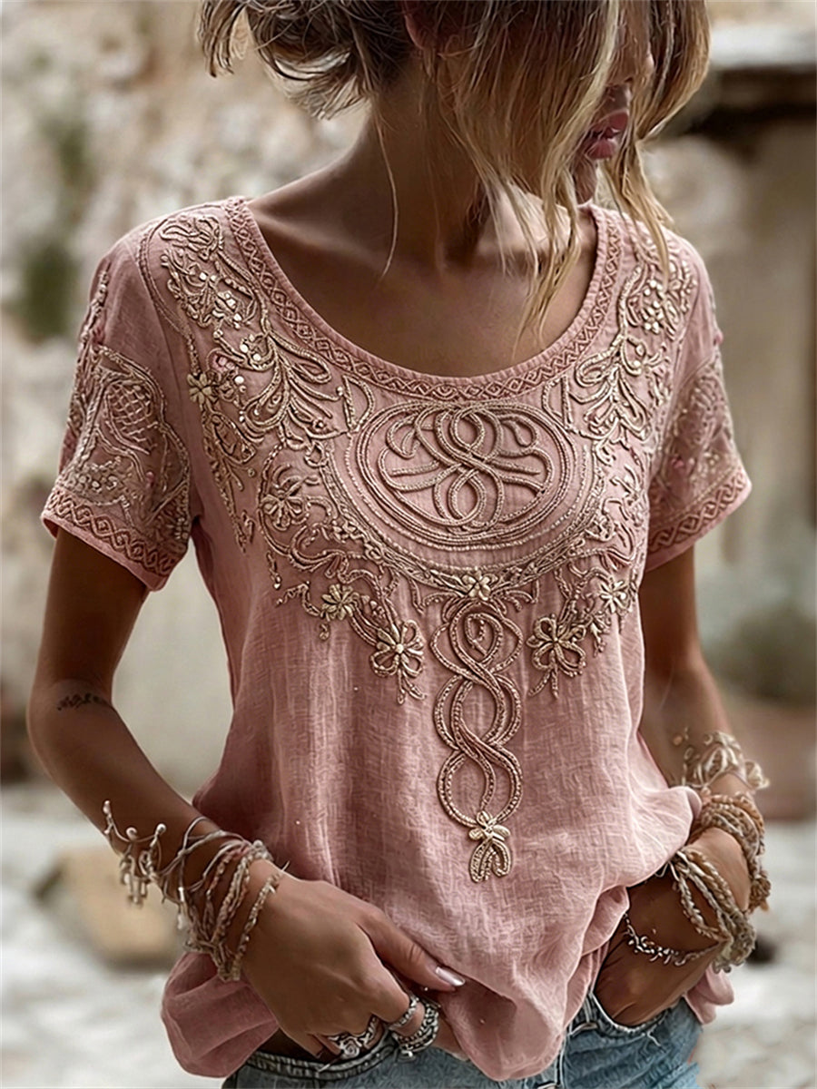 Vintage Viking Keltische knoop-en bloemenprint linnen T-shirt met korte mouwen voor dames