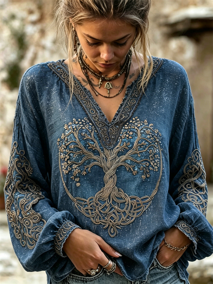 Klassieke Viking Levensboom voor dames Keltische glitterprint katoenen linnen shirt