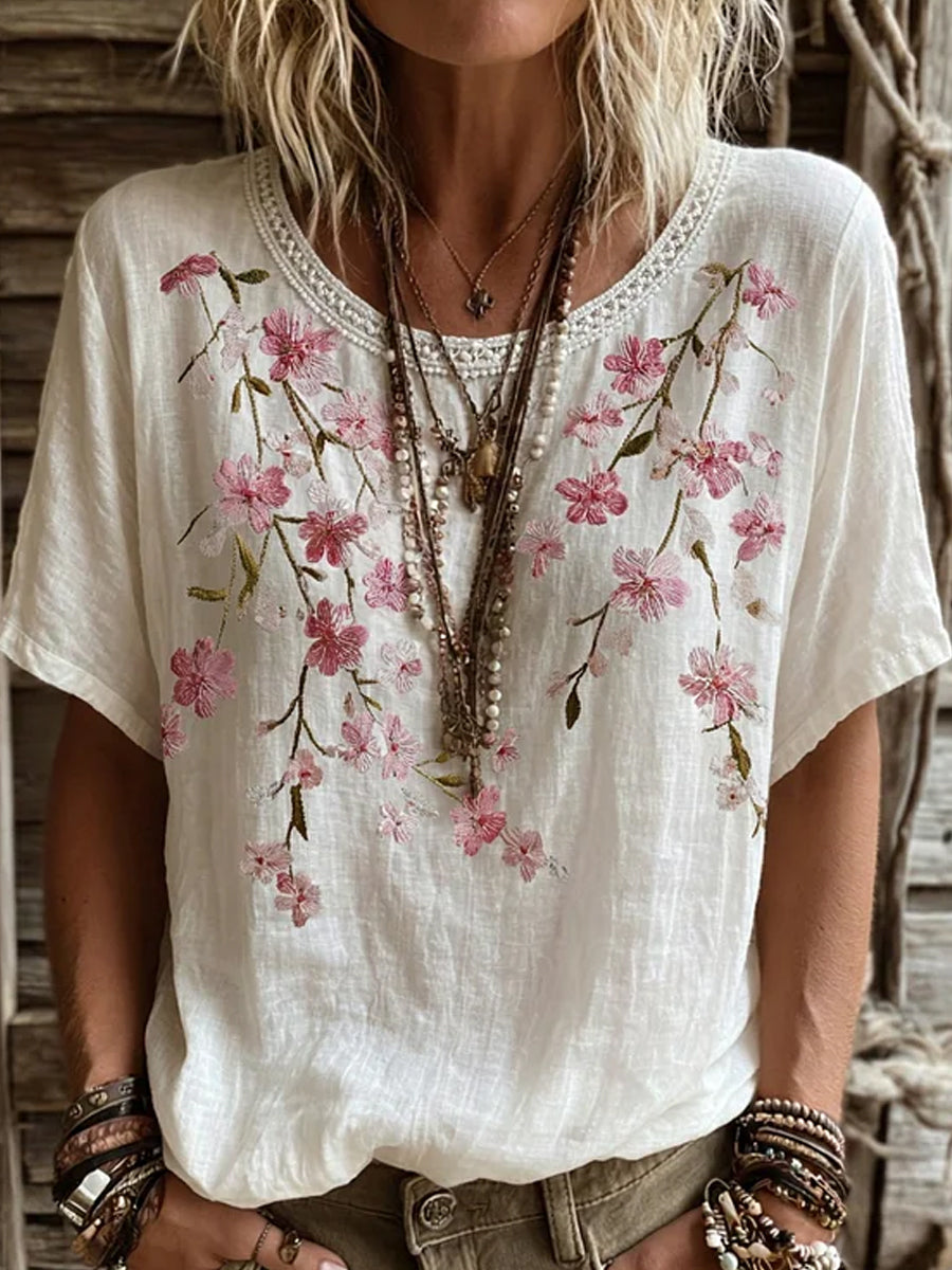 Casual katoen-linnen top voor dames met vintage bloemenkunstprint