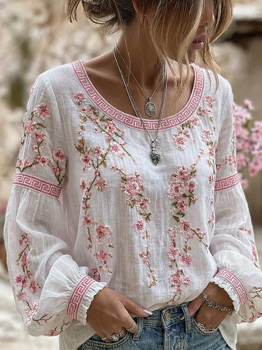 Dames vintage stijl casual katoen-linnen top met geborduurde bloemen en bedrukt patchwork