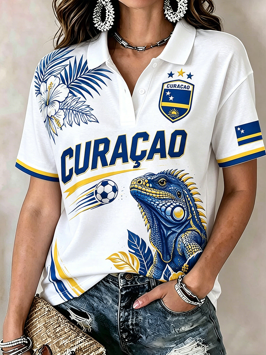 Casual poloshirt met korte mouwen en voetbalthema voor dames