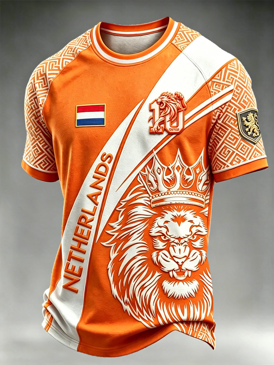 Heren Nederlandse Leeuw Print Oranje Casual Drop-Shoulder T-Shirt