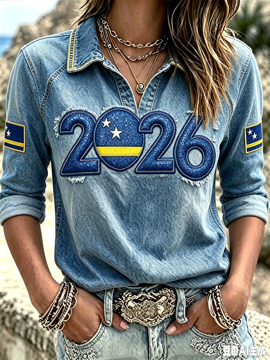 Curaçao voetbal 2026 denimprint casual mode V-hals T-shirt met lange mouwen