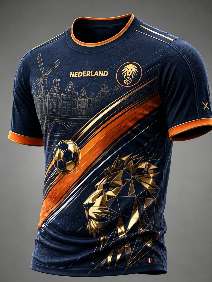 Retro Nederlandse voetballeeuw kunst casual T-shirt
