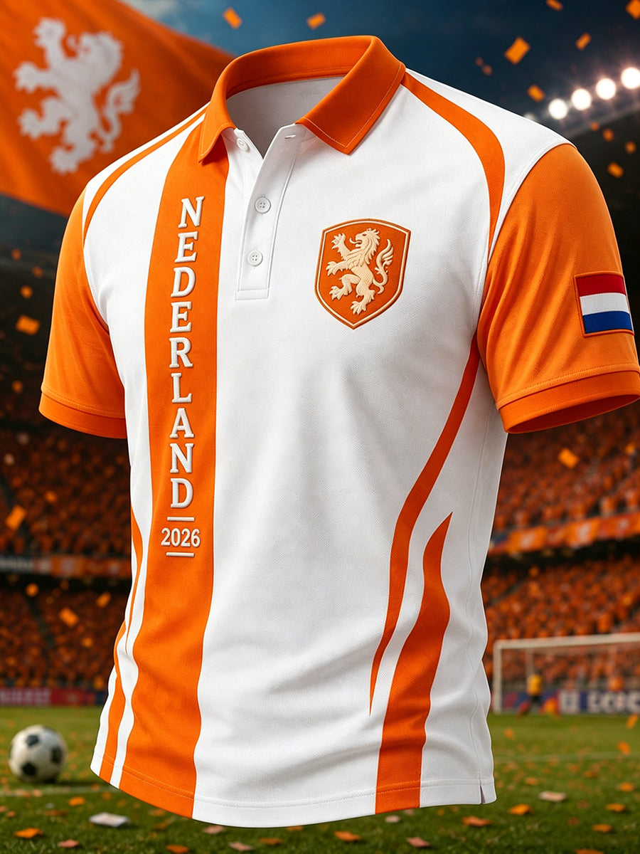 Herenpoloshirt met korte mouwen en voetballeeuwenprint