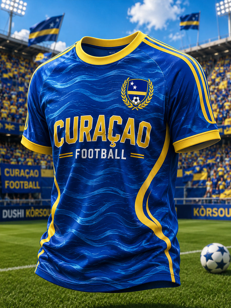 T-shirt voor heren met korte mouwen en raglanmouwen, bedrukt met voetbalthema