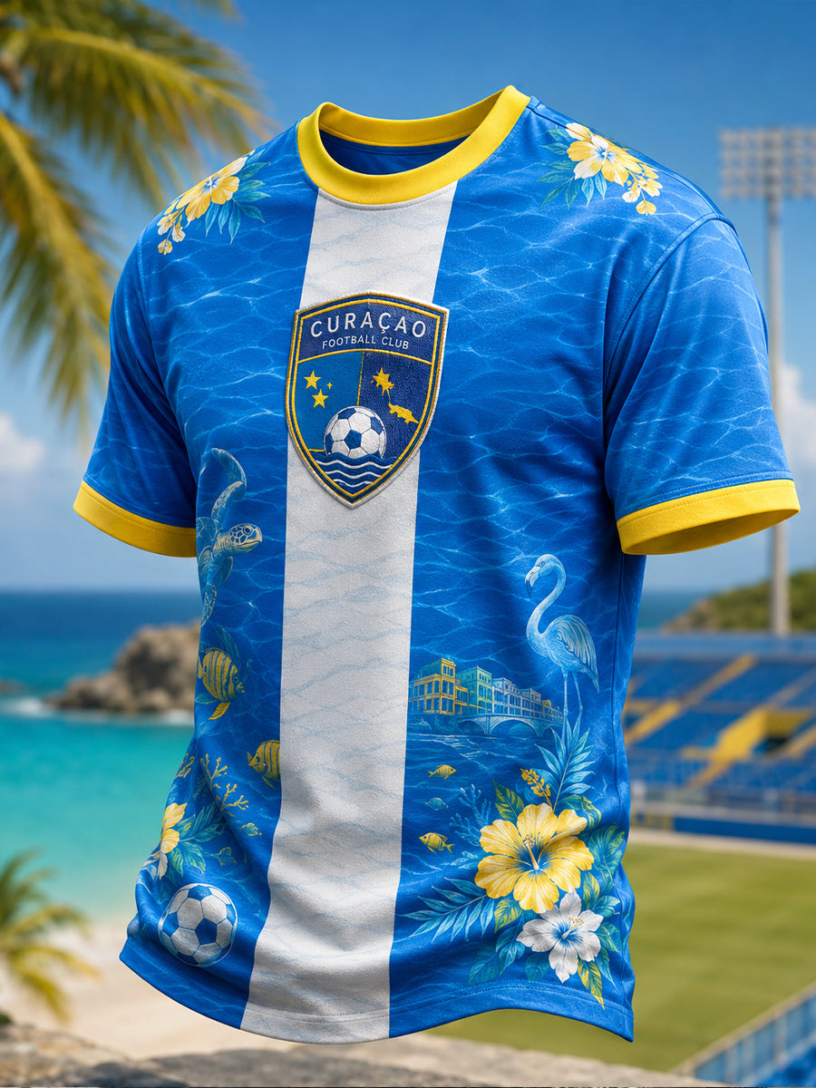 Casual T-shirt voor heren met print in eilandvoetbalthema en korte mouwen
