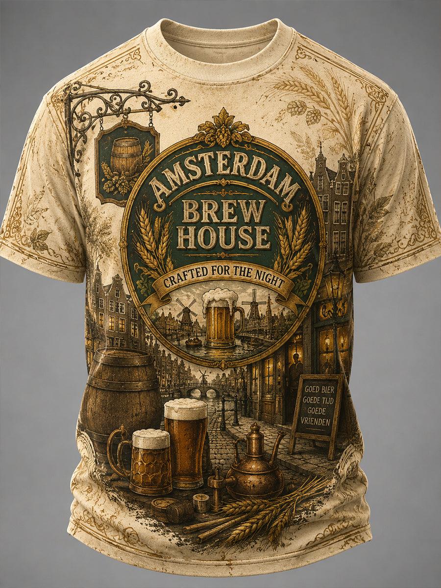 Retro T-shirt met bierthema voor heren met korte mouwen
