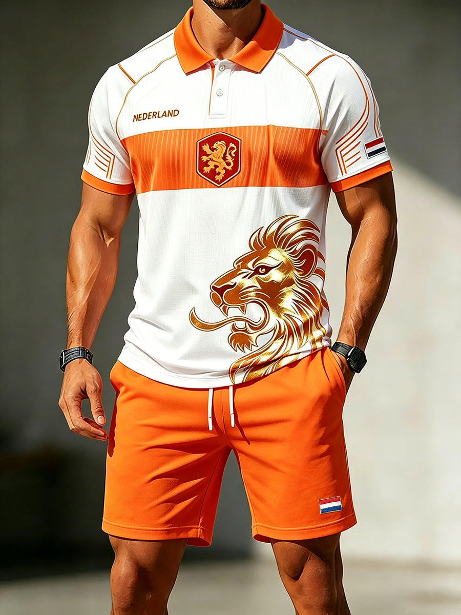 Herenpoloshirt met leeuwenprint en korte mouwen, set