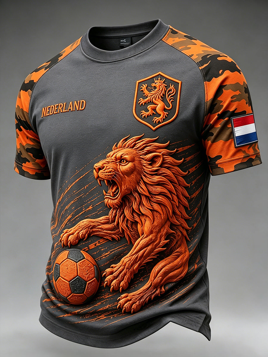 Heren T-shirt met camouflage, leeuwenprint en korte mouwen