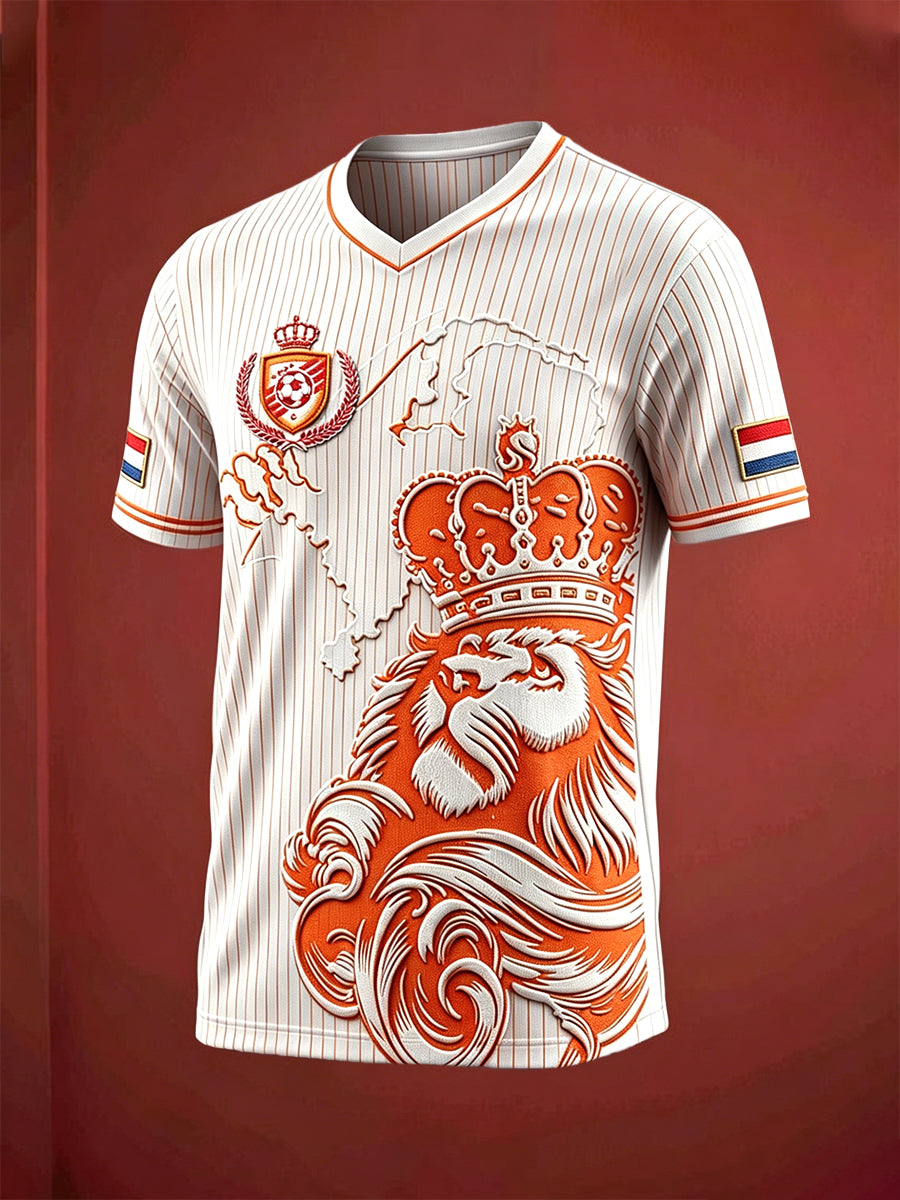 Heren T-shirt met vrijetijdsprint van Nederlandse voetbaltroepen en V-hals