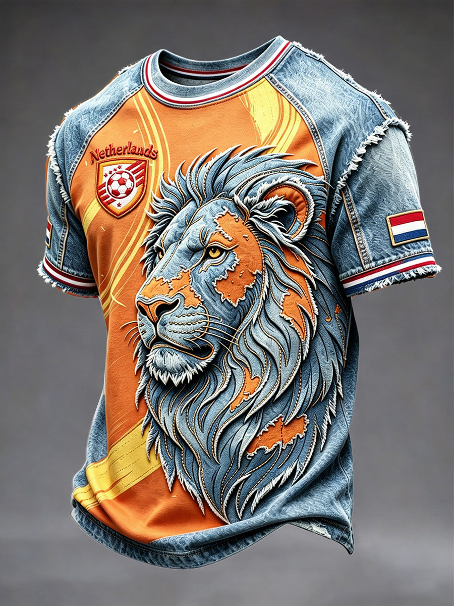 Nederlandse Voetbal Leeuwen Patchwork Print Casual T-shirt