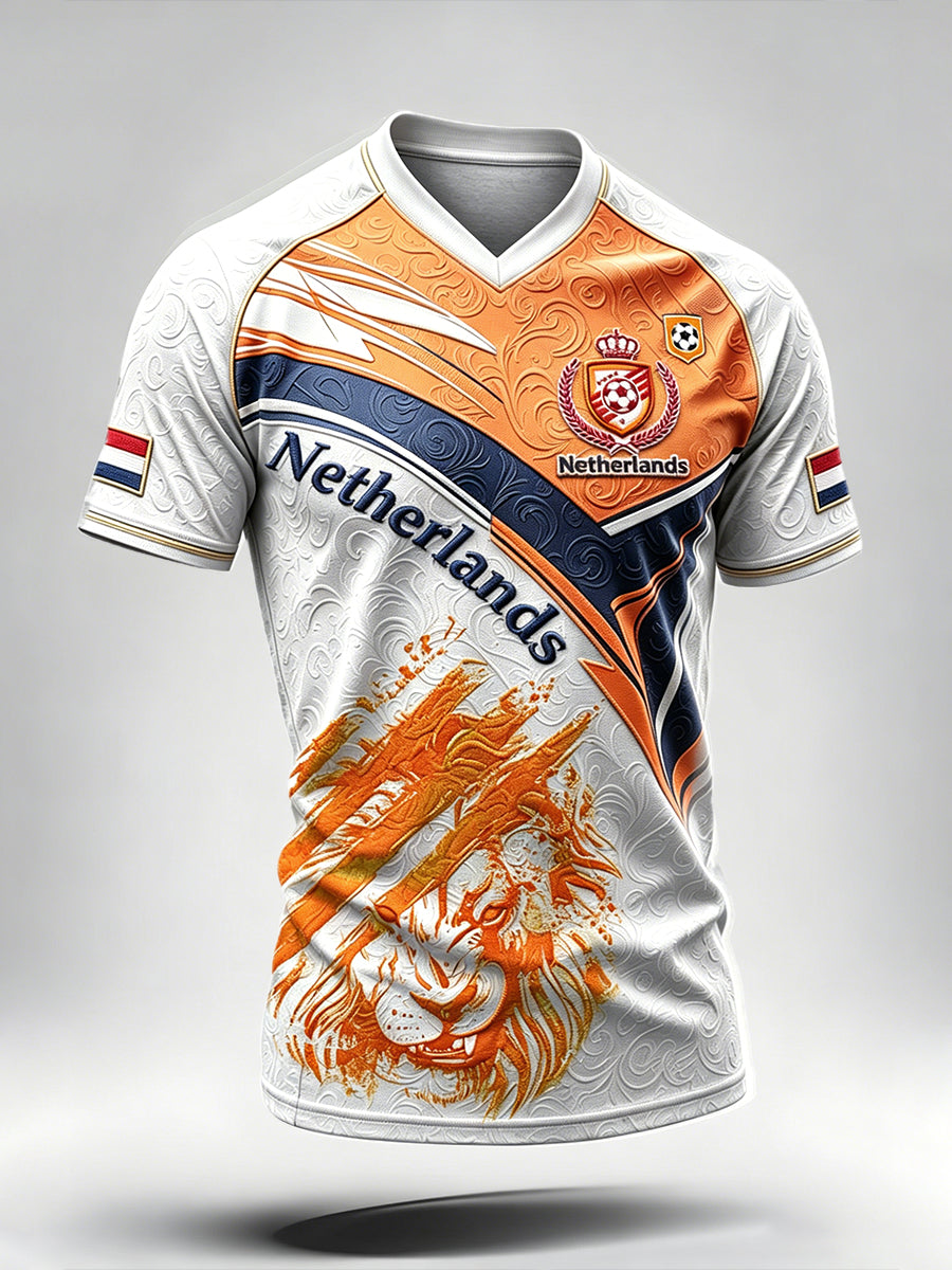 Heren Nederlands Voetbal Print Casual Schouderloos V-hals T-shirt