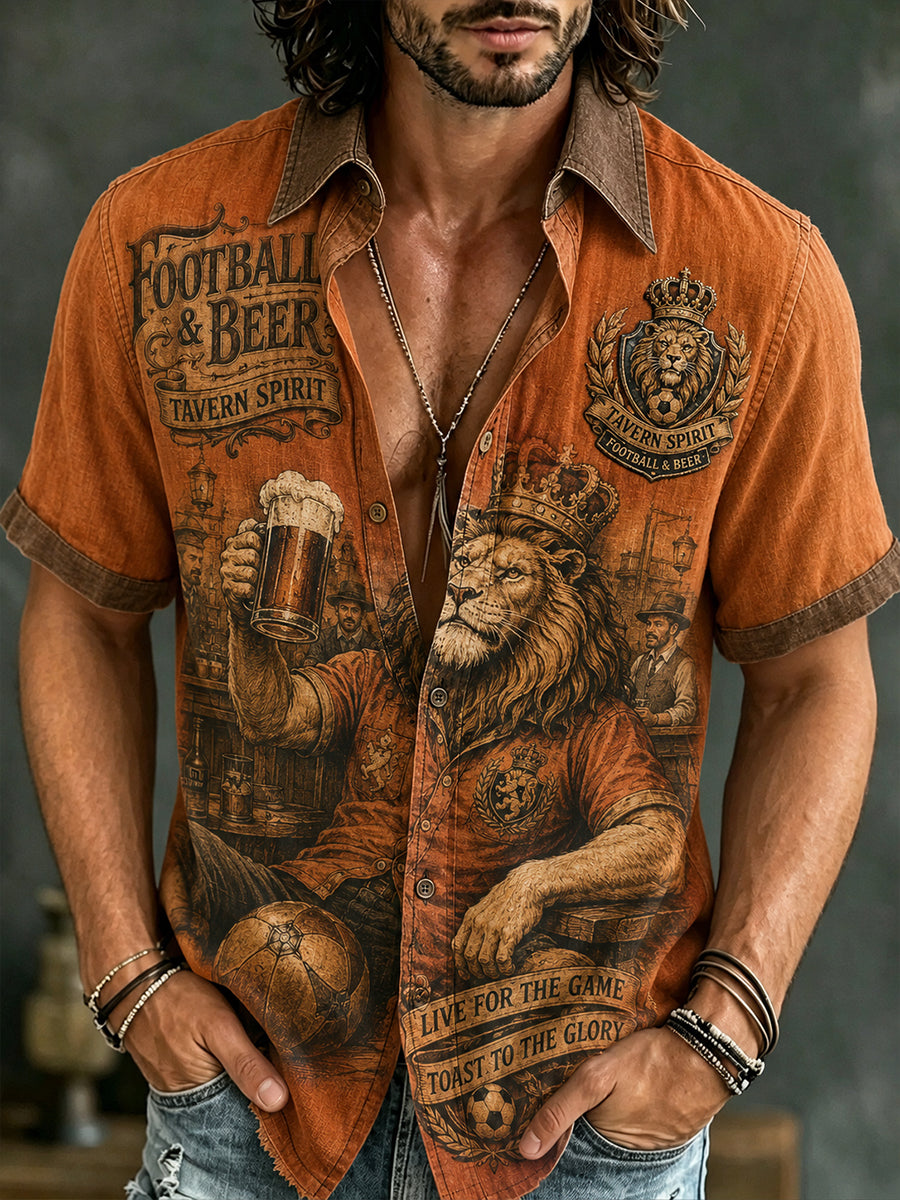Casual herenoverhemd met korte mouwen en retroprint van een leeuw en bier