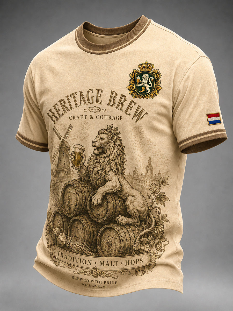 Heren T-shirt in retrostijl met leeuwen- en bierprint, casual, korte mouwen