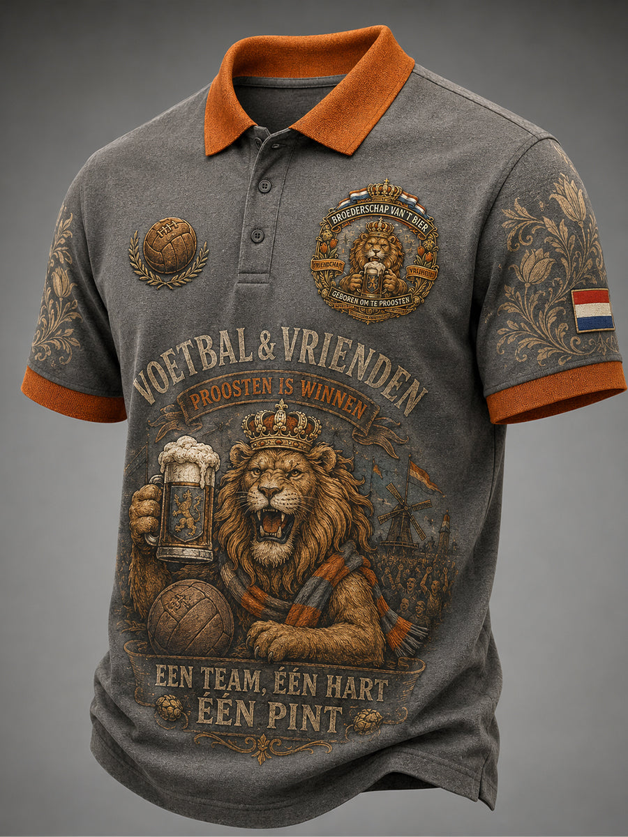 Herenpolo met retro leeuwen- en bierprint, casual, korte mouwen